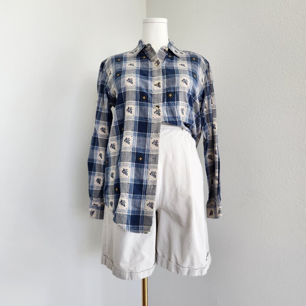 Vintage 90s Blue Cream Plaid Embroidered Button Up Shirt Long Sleeve Casey Max M